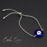 Albatrosart Design -EVIL EYE Glass Beaded Bracelet on Stainless Steel Slider Chain, Gemstone Adjustable Bracelet, 11 inches Chain Bracelet