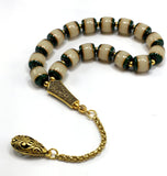 Relaxing Stress Relief Big Beads Prayer Beads, Worry Beads, EFE Tesbih, Maskot Tesbih, Tasbih, Rosary (-Green/Cream Resin Beads and Gold Tassel -11 mm 17 Beads)