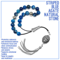Greek KOMBOLOI Worry Beads Anxiety Beads Rosary Relaxation Stress Relief -BLUE AGATE BEADS -10mm Diameter-