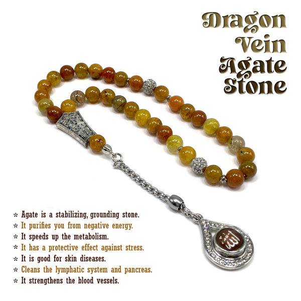 Dragon Vein Agate Muslim Tesbih, Tasbih, Tasbeeh, Misbaha, Worry Beads, Muslim Prayer Beads, Rosary (8 mm 33 Faceted Beads and Allah Tassel)