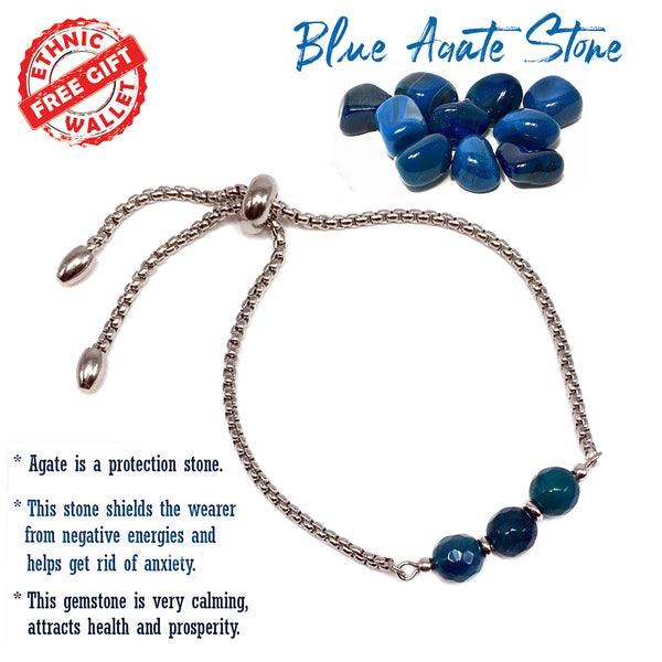BLUE AGATE STONE -Albatrosart Design Bracelet on Stainless Steel Slider Chain, Gemstone Adjustable Bracelet, 11 inches Chain Bracelet