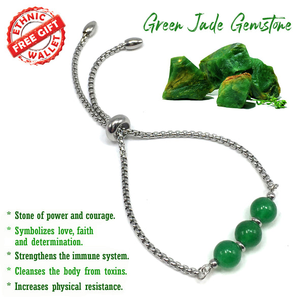 Oval GREEN JADE STONE -Albatrosart Design Bracelet on Stainless Steel Slider Chain, Gemstone Adjustable Bracelet, 11 inches Chain Bracelet