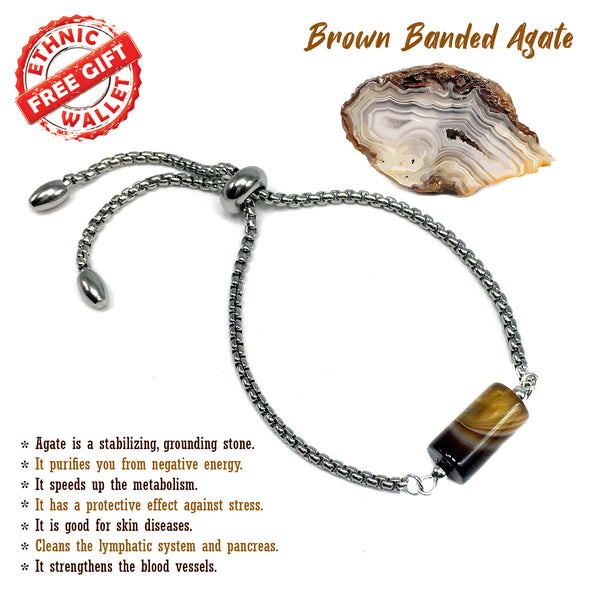 Albatrosart Design -BROWN BANDED AGATE Cylinder Bracelet on Stainless Steel Slider Chain, Gemstone Adjustable Bracelet, 11 inches Bracelet
