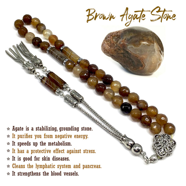 Brown Agate Muslim Tesbih, Tasbih, Tasbeeh, Misbaha, Worry Beads, Muslim Prayer Beads, Rosary (8 mm 33 Faceted Beads)