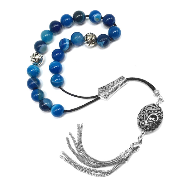 Greek KOMBOLOI Worry Beads Anxiety Beads Rosary Relaxation Stress Relief -BLUE AGATE BEADS -10mm Diameter-