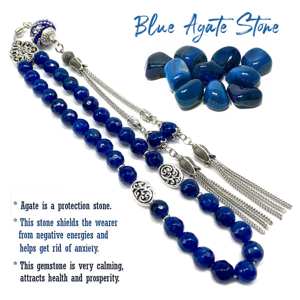 Muslim Tasbih, Tasbeeh, Misbaha, Worry Beads, Muslim Prayer Beads, Rosary, Light Blue Agate & Indonesia Beads Design Tesbih (8 mm 33 Beads)