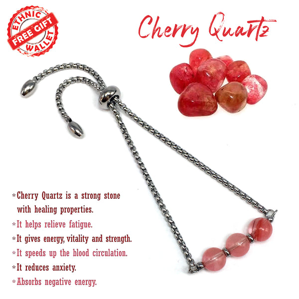 CHERRY QUARTZ GEMSTONE -Albatrosart Design Bracelet on Stainless Steel Slider Chain, Gemstone Adjustable Bracelet, 11 inch Chain Bracelet