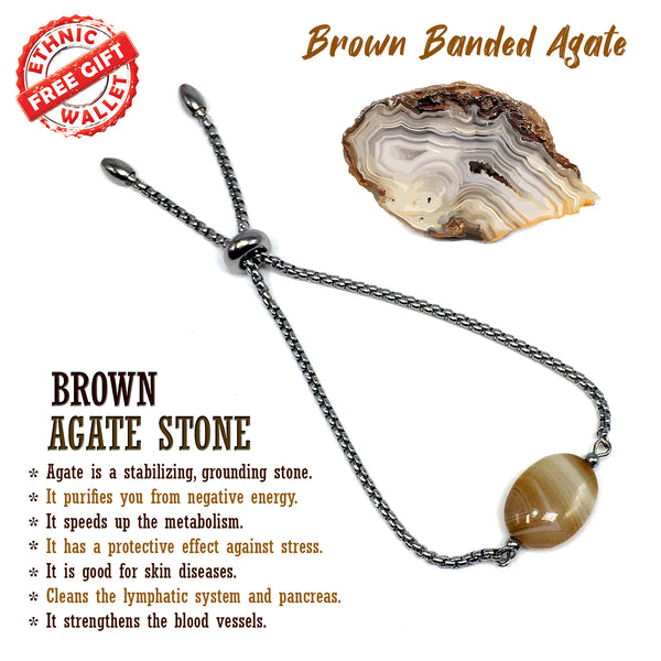 Albatrosart Design -BROWN BANDED AGATE Stone Bracelet on Stainless Steel Slider Chain, Gemstone Adjustable Bracelet, 11inch Chain Bracelet