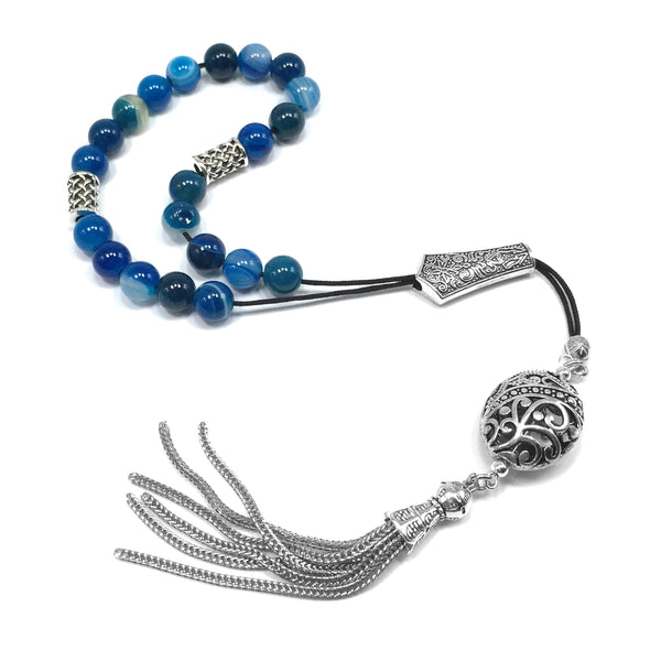 Greek KOMBOLOI Worry Beads Anxiety Beads Rosary Relaxation Stress Relief -BLUE AGATE BEADS -8mm Diameter-