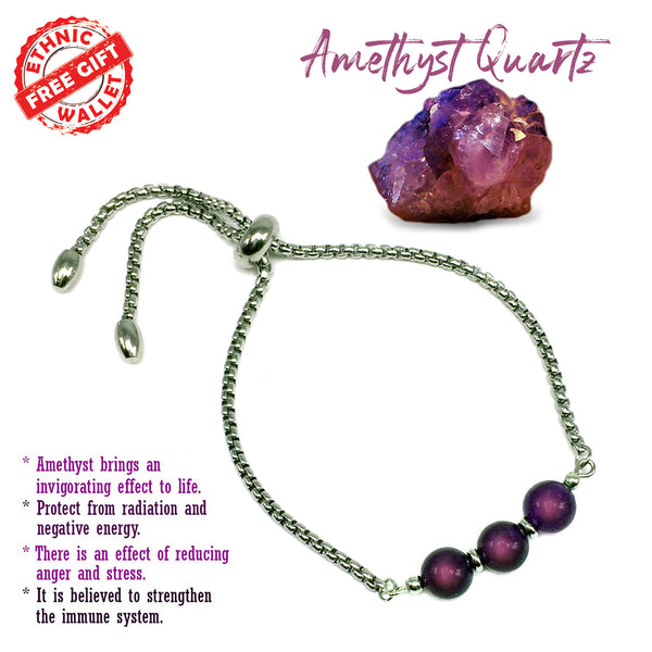 AMETHYST QUARTZ -Albatrosart Design Bracelet on Stainless Steel Slider Chain, Gemstone Adjustable Bracelet, 11 inches Bracelet