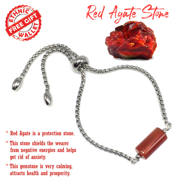 Albatrosart Design -RED AGATE STONE Bracelet on Stainless Steel Slider Chain, Raw Gemstone Adjustable Bracelet, 11inch Chain Bracelet