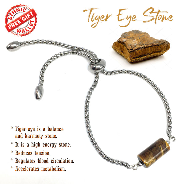 Cylinder TIGER EYE GEMSTONE -Albatrosart Design Bracelet on Stainless Steel Slider Chain, Gemstone Adjustable Bracelet, Chain Bracelet