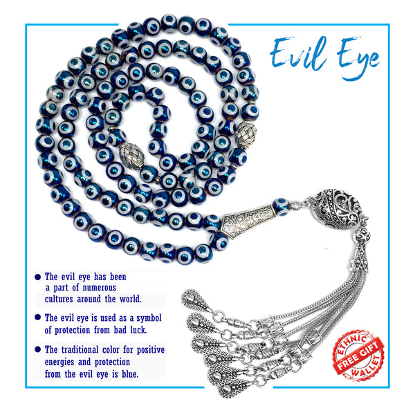 -Evil Eye Collection- Worry Beads Prayer Beads Tesbih Tasbih Rosary (Electroplate Evil Eye Glass -8 mm 99 Beads- & Drop Tassel)