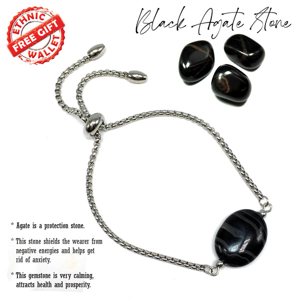 Albatrosart Design -BLACK AGATE GEMSTONE Bracelet on Stainless Steel Slider Chain, Gemstone Adjustable Bracelet, 11 inches Chain Bracelet