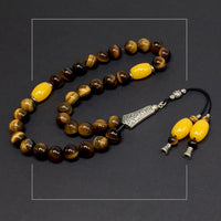 Tiger Eye Natural Stone Muslim Big Tasbih, Tasbeeh, Misbaha, Worry Beads, Muslim Prayer Beads, Rosary, Tesbih (10 mm 33 Round Beads)