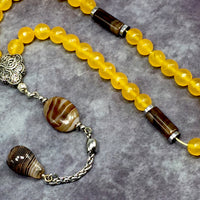 Yellow Jade Natural Stone Muslim Tesbih, Tasbih, Tasbeeh, Misbaha, Worry Beads, Muslim Prayer Beads, Rosary (8 mm 33 Faceted Beads)