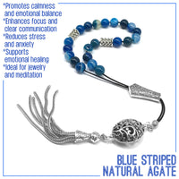 Greek KOMBOLOI Worry Beads Anxiety Beads Rosary Relaxation Stress Relief -BLUE AGATE BEADS -8mm Diameter-
