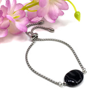 Albatrosart Design -BLACK AGATE GEMSTONE Bracelet on Stainless Steel Slider Chain, Gemstone Adjustable Bracelet, 11 inches Chain Bracelet