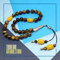 Tiger Eye Natural Stone Muslim Big Tasbih, Tasbeeh, Misbaha, Worry Beads, Muslim Prayer Beads, Rosary, Tesbih (10 mm 33 Round Beads)