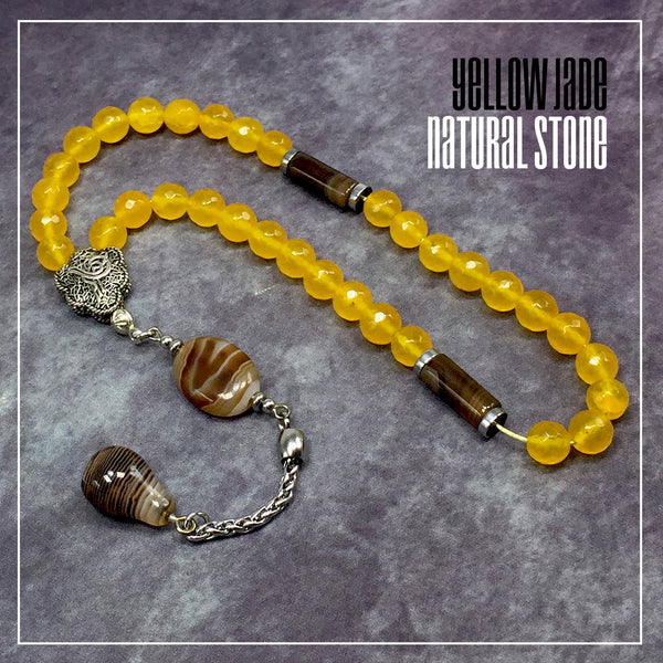 Yellow Jade Natural Stone Muslim Tesbih, Tasbih, Tasbeeh, Misbaha, Worry Beads, Muslim Prayer Beads, Rosary (8 mm 33 Faceted Beads)