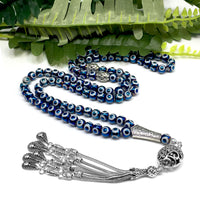 -Evil Eye Collection- Worry Beads Prayer Beads Tesbih Tasbih Rosary (Electroplate Evil Eye Glass -8 mm 99 Beads- & Drop Tassel)