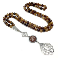 Brown Agate Stone Muslim Prayer Beads, Tesbih, Tasbih, Tasbeeh, Misbaha, Masbaha, Muslim Tasbih, Subha, Rosary Allah Tassel  (8 mm 99 Beads)