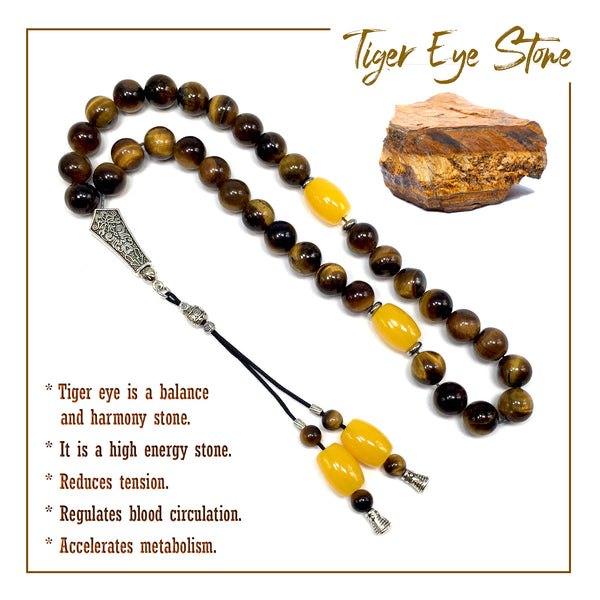 Tiger Eye Natural Stone Muslim Big Tasbih, Tasbeeh, Misbaha, Worry Beads, Muslim Prayer Beads, Rosary, Tesbih (10 mm 33 Round Beads)