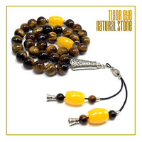 Tiger Eye Natural Stone Muslim Big Tasbih, Tasbeeh, Misbaha, Worry Beads, Muslim Prayer Beads, Rosary, Tesbih (10 mm 33 Round Beads)