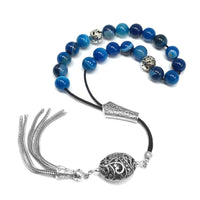 Greek KOMBOLOI Worry Beads Anxiety Beads Rosary Relaxation Stress Relief -BLUE AGATE BEADS -10mm Diameter-