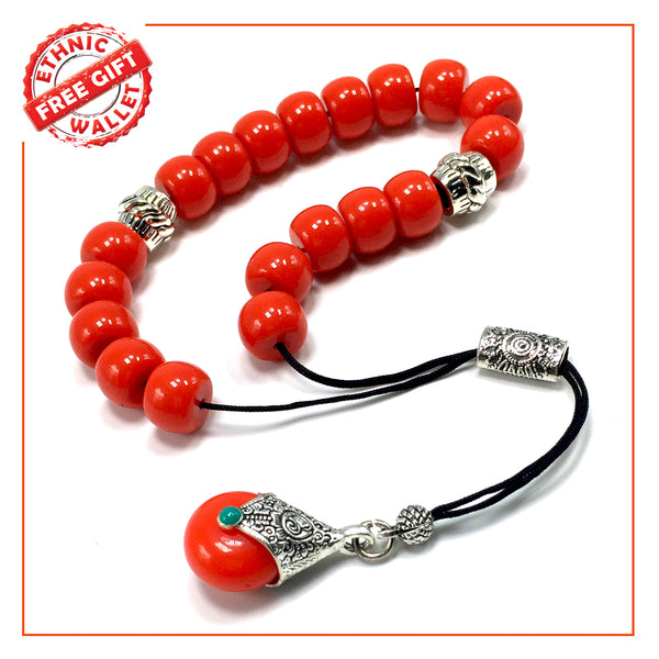 Greek KOMBOLOI Series Worry Beads Begleri Pony Anxiety Beads Rosary Relaxation Stress Relief  (Candy Apple Red Resin Drum -13X9 mm- 19 Big Beads)
