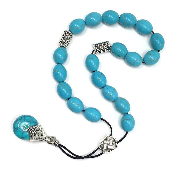 Greek KOMBOLOI Series Worry Beads Begleri Pony Anxiety Beads Rosary Relaxation Stress Relief (SYNTHETIC OVAL TURQUOISE BEADS -12x10 mm, 19)