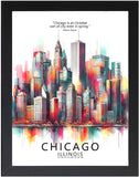 Framed Cityscape Poster, Modern City Prints, US Cities Skyline Wall Art, Travel Photography Decor, Beautiful Urban Posters for Home Deco (CHICAGO ILLINOIS, 7" L x 5" W, Framed)