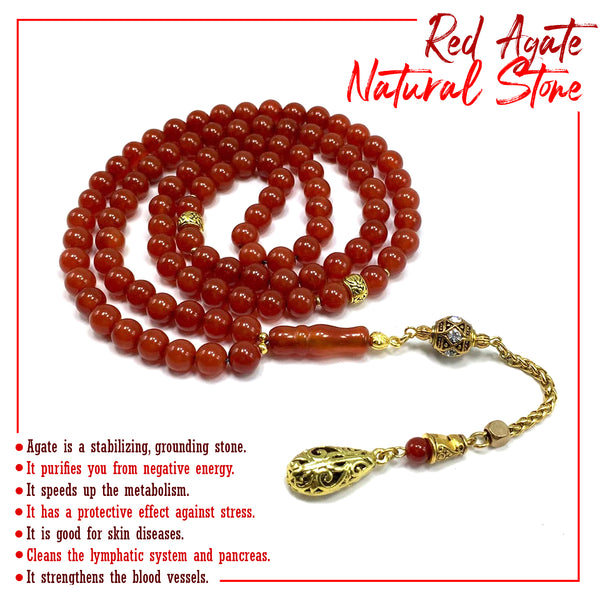 ALBATROSART Special Prayer Beads Series -99 Beads- Tesbih Tasbih Tasbeeh Misbaha Masbaha Subha Sebha Sibha  (Red Agate Natural Stone -8 mm)