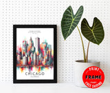 Framed Cityscape Poster, Modern City Prints, US Cities Skyline Wall Art, Travel Photography Decor, Beautiful Urban Posters for Home Deco (CHICAGO ILLINOIS, 7" L x 5" W, Framed)