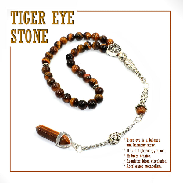Long Metal Tassel Tiger Eye Stone Prayer Beads-Tesbih-Tasbih-Tasbeeh-Misbaha-Masbaha (8 mm 33 beads)