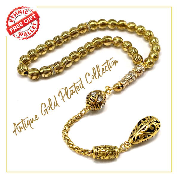 Antique Gold Plated Collection- Worry Beads-Prayer Beads-Tesbih-Tasbih-Tasbeeh-Misbaha-Masbaha-Subha-Sebha-Sibha-Rosary (-Antique Gold Plated and Rhinestone Alloy European Bead -7 mm 33 Piece-)