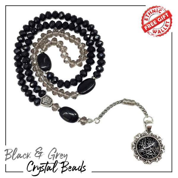 Special for Women Prayer Beads Tesbih-Tasbih-Tasbeeh-Misbaha-Masbaha-Subha-Sebha-Sibha-Worry Beads-Rosary  (Black & Grey Crystal - 6x8 mm 99 Beads - Allah Tassel)