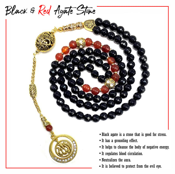 ALBATROSART Special Prayer Beads Series -99 Beads- Tesbih Tasbih Tasbeeh Misbaha Masbaha Subha Sebha Sibha (Black and Red Agate Natural Faceted Stone -8 mm-)