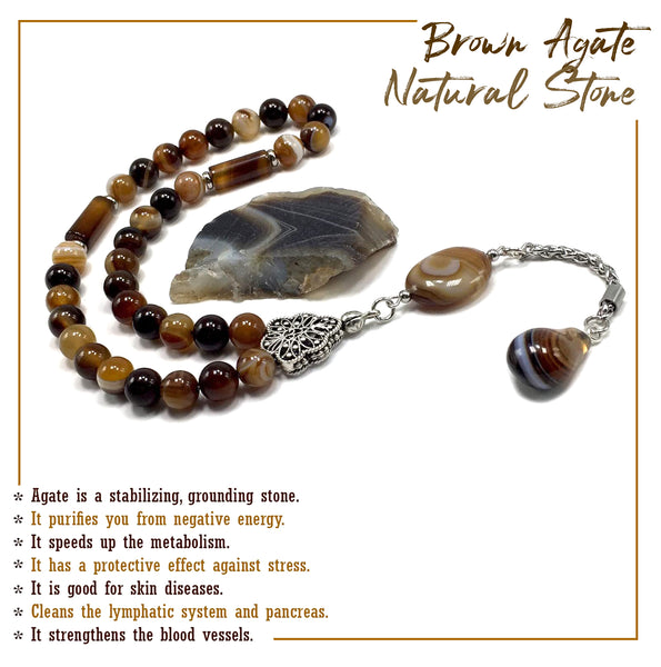 Banded Brown Agate Prayer Beads-Tesbih-Tasbih-Tasbeeh-Misbaha-Masbaha-Subha-Sebha-Rosary-Worry Beads  (8 mm-33 Beads)