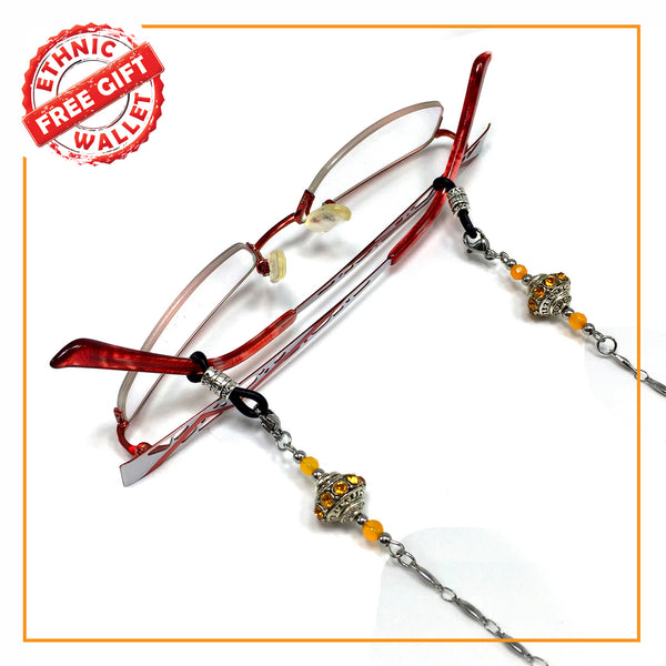 HANDMADE Eyeglass Chains Elegant Eyewear Retainer Beaded Eyeglass Strap Holder Natural Stone Beaded Eyewear Retainer (Dark Yellow European Crystal Rhinestone Beads Design)