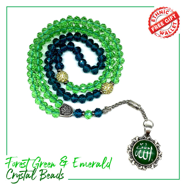 Special for Women Prayer Beads - Tesbih-Tasbih-Tasbeeh-Misbaha-Masbaha-Subha-Sebha-Sibha-Worry Beads-Rosary  (Forest Green & Emerald Crystal - 6x8 mm 99 Beads - Allah Tassel)