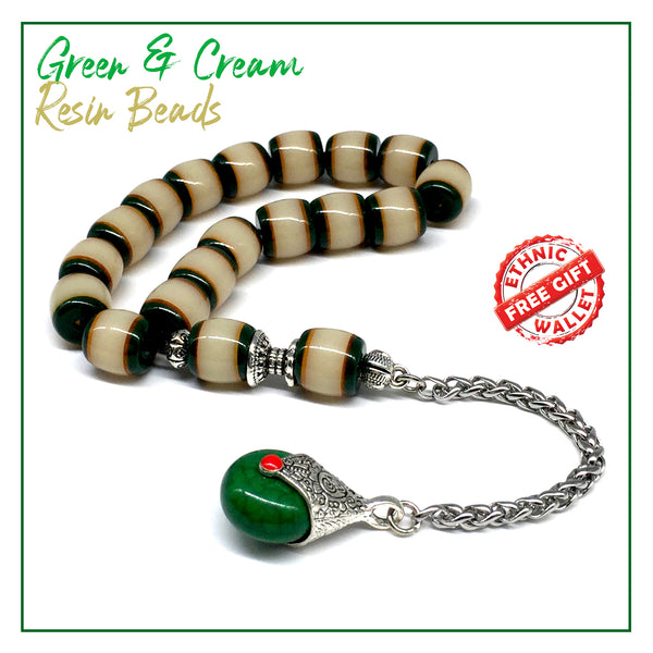 Relaxing Stress Relief Big Beads Prayer Beads, Worry Beads, EFE Tesbih, Maskot Tesbih, Tasbih, Rosary (11 mm-17 Green/Cream  Resin Beads)