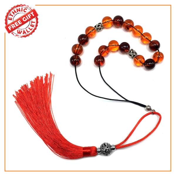 Greek KOMBOLOI Series Worry Beads Begleri Pony Anxiety Beads Rosary Relaxation Stress Relief (Rust Color Imitation Amber Acrylic 13.5 mm 17- Big Beads)