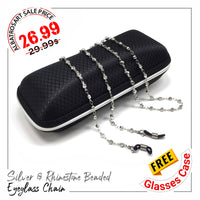 FREE Eyeglass Case -Silver & RHINESTONE  Beaded Eyeglass Chain Eyewear Retainer Eyeglass Strap Holder Eyeglass Necklace Women Eyeglass Chain -FREE Eyeglass Case