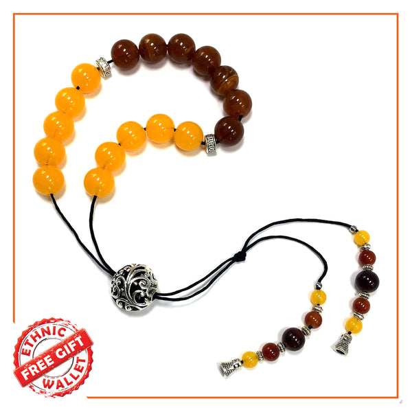 Greek KOMBOLOI Series Worry Beads Begleri Pony Anxiety Beads Rosary Relaxation Stress Relief (Yellow-Brown Imitation Resin - 12 mm, 17 Beads)