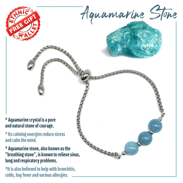 AQUAMARINE GEMSTONE -Albatrosart Design Bracelet on Stainless Steel Slider Chain, Gemstone Adjustable Bracelet, Chain  Bracelet