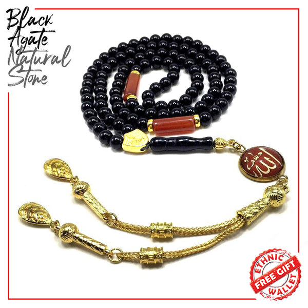 Special Prayer Beads Series - Tesbih Tasbih Tasbeeh Misbaha Masbaha Subha Sebha Sibha (Black Shiny Agate Stone and Allah Tassel Design -6 mm 99 Small Beads-)