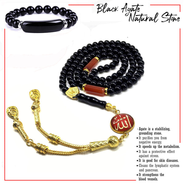 Special Prayer Beads Series Tesbih Tasbih Tasbeeh Misbaha Masbaha Subha Sebha Sibha (Black Shiny Agate Stone and Bracelet -6 mm 99 Small Beads-)