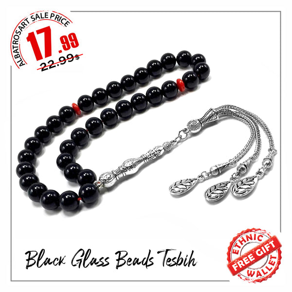 Black Glass Prayer Beads Tesbih Tasbih Tasbeeh Misbaha Subha Sebha Sibha Rosary (Black Glass -10 mm 33- Beads)