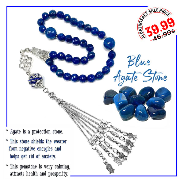 Blue Agate & Indonesia Beads Design Tesbih, Muslim Tasbih, Tasbeeh, Misbaha, Worry Beads, Muslim Prayer Beads, Rosary,  (8mm 33 Faceted Beads)